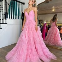 Cute A Line V Neck Pink Tulle Prom Dresses - Thumbnail 1