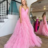 Cute A Line V Neck Pink Tulle Prom Dresses - Thumbnail 2