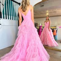 Cute A Line V Neck Pink Tulle Prom Dresses - Thumbnail 3