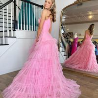 Cute A Line V Neck Pink Tulle Prom Dresses - Thumbnail 5