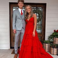 Cute A Line V Neck Red Tulle Prom Dresses - Thumbnail 1