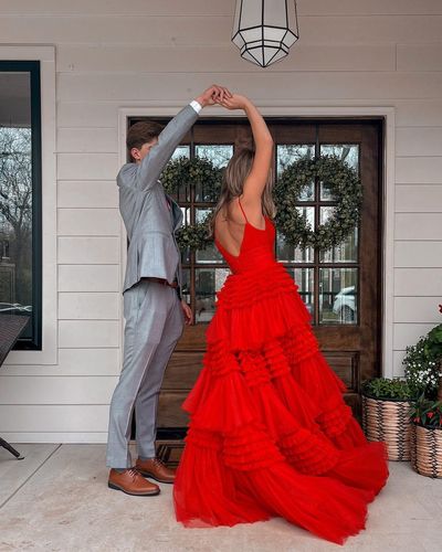 Cute A Line V Neck Red Tulle Prom Dresses