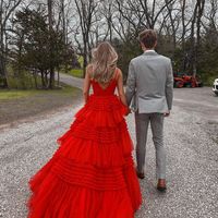 Cute A Line V Neck Red Tulle Prom Dresses - Thumbnail 2
