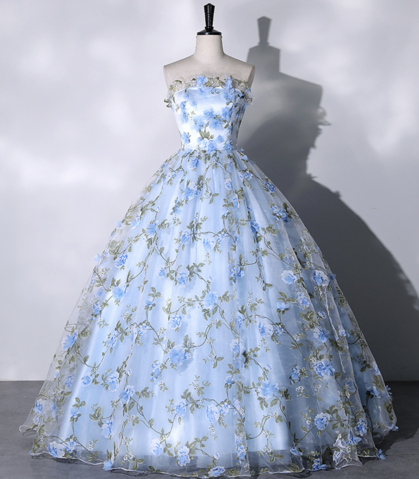 Lovely Blue 3D Flower Long Formal Dress, Blue Strapless Prom Dress