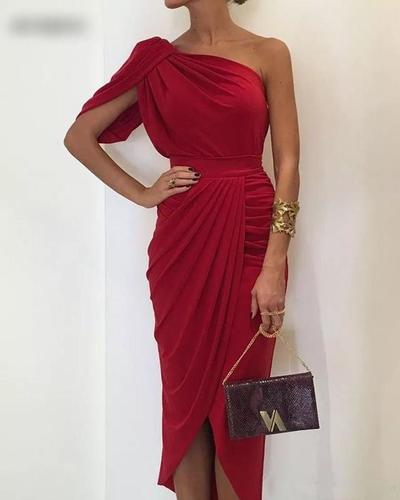 Red One Shoulder Short Sheath Cocktail Dresses Ruched Ruffles Elegant Knee Length Formal Party Evening Prom Dress