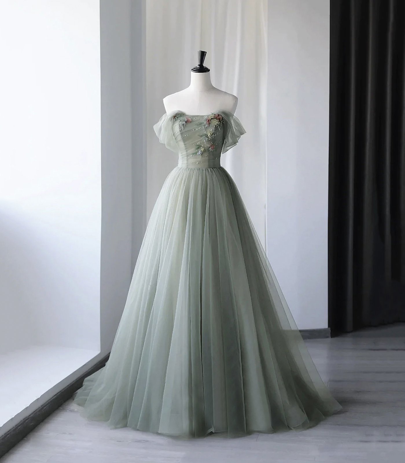 Green Gray Tulle Long Prom Dress with Sequins, A-Line Evening Party Dress