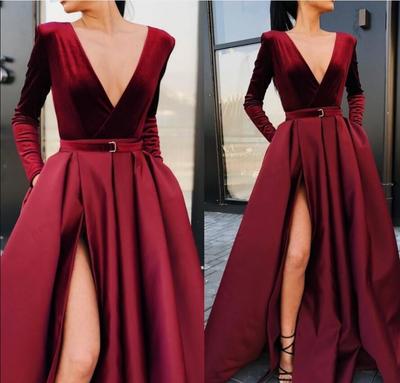 Long Sleeve Formal Prom Evening Dresses With Side Split V-neck Sashes Draped Prom Dress Long Party Women Pageant Gonws
