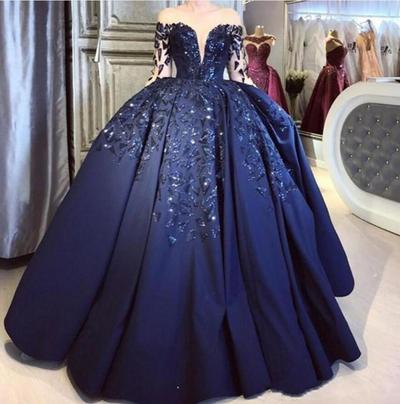 Navy Blue Formal Evening Dress Long Sleeves Sparkly Sequins Ball Gown Puffy Satin Long Prom Dresses Celebrity Pageant Gowns