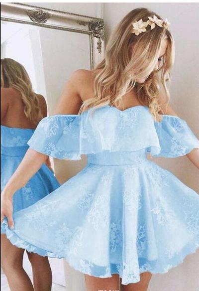 Vintage New Short Homecoming Prom Dress Lace Applique Beaded Fashion Ice Blue Off Shoulder Cocktail Party Gowns Custom Made