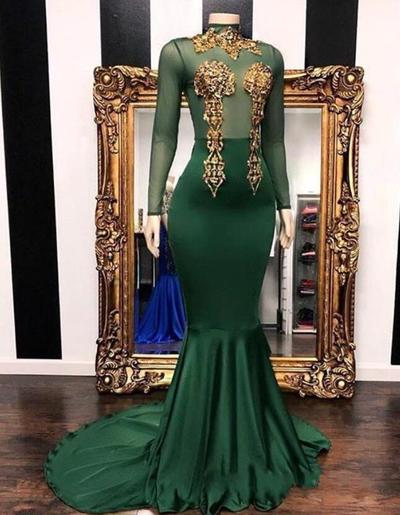 Customize Dark Green with Gold Applique Mermaid Prom Dresses Sheer Long Sleeve High Neck Sweep Train Evening Gowns Formal