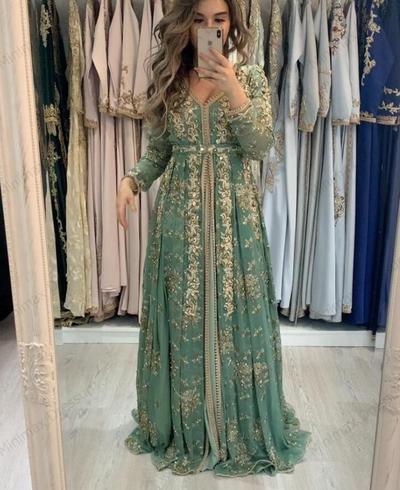 Elegant Moroccan Kaftan Formal Evening Dresses Gold Lace Appliques A Line Arabic Muslim Sage Special Occasion Dresses Floor Length