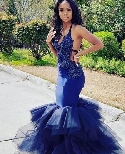 Spaghetti Straps Royal Blue Mermaid Open Back Prom Dress