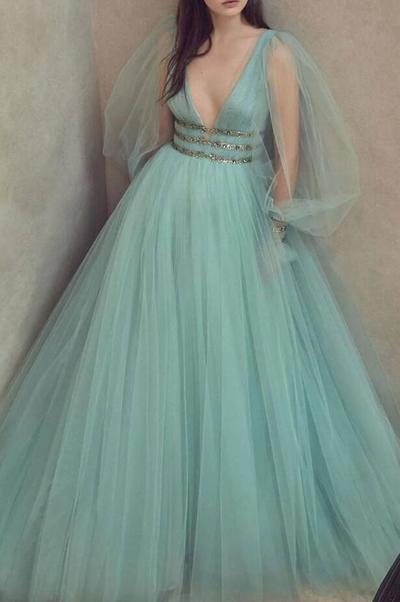 Beautiful Green Tulle Long V Neck Puffy Sleeve Sequins Prom Dress