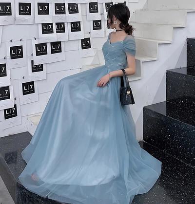 A Line Blue Tulle Long Prom Dresses