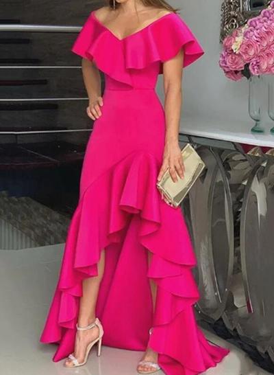 Hot Pink Deep V-Neck Ruffle Hem Slit Evening Dresses