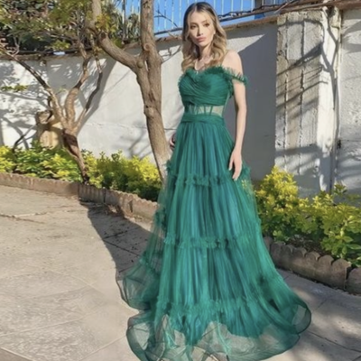 Green prom dresses off shoulder tulle long  - Thumbnail 1