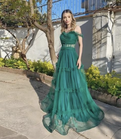 Green Prom Dresses Off Shoulder Tulle Long
