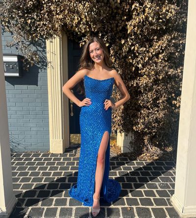 Cute Mermaid Scoop Neck Blue Sequins Prom Dresses