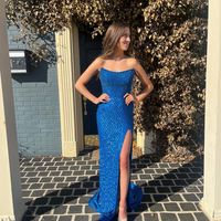 Cute Mermaid Scoop Neck Blue Sequins Prom Dresses - Thumbnail 1