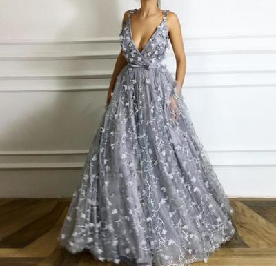 3D Floral Applique Hand Made Flower Long Prom Dresses Sexy Deep V-Neck Party Dress Floor Length Zipper Back Tulle Fashion Women Evening Gown