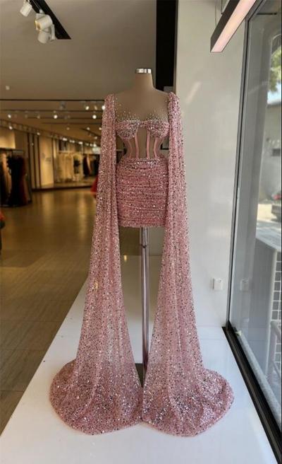 Designer Luxury Crystals Pink Evening Dresses Sequins Beads Mermaid Prom Dress Long Sleeves Formal Party Robe De Mariée