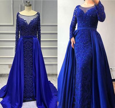 Vintgae Lace Appliqued Mermiad Evening Dresses With Detachable Train Long Sleeves Beaded Prom Dresses Long Formal Party Pageant Gown