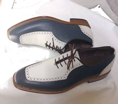 Handmade Blue & White Color Genuine Leather Dress Lace up Oxford Shoes