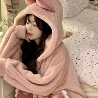 Cute Pink Bow Fluffy Fur Warm Thick Winter Long Cozy Nightgown Pajamas Sleepwear Dress - Thumbnail 1