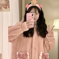 Cute Pink Bow Fluffy Fur Warm Thick Winter Long Cozy Nightgown Pajamas Sleepwear Dress - Thumbnail 2