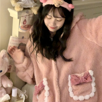 Cute Pink Bow Fluffy Fur Warm Thick Winter Long Cozy Nightgown Pajamas Sleepwear Dress - Thumbnail 3