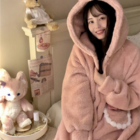 Cute Pink Bow Fluffy Fur Warm Thick Winter Long Cozy Nightgown Pajamas Sleepwear Dress - Thumbnail 4