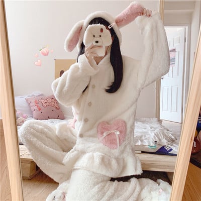 Cute animal bunny rabbit ears hoodie thick warm winter comfy cozy white & pink pajama top pants two piece set - Thumbnail 2