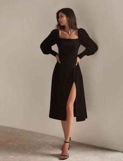 Simple Black Prom Evening Dress With Long Sleeves