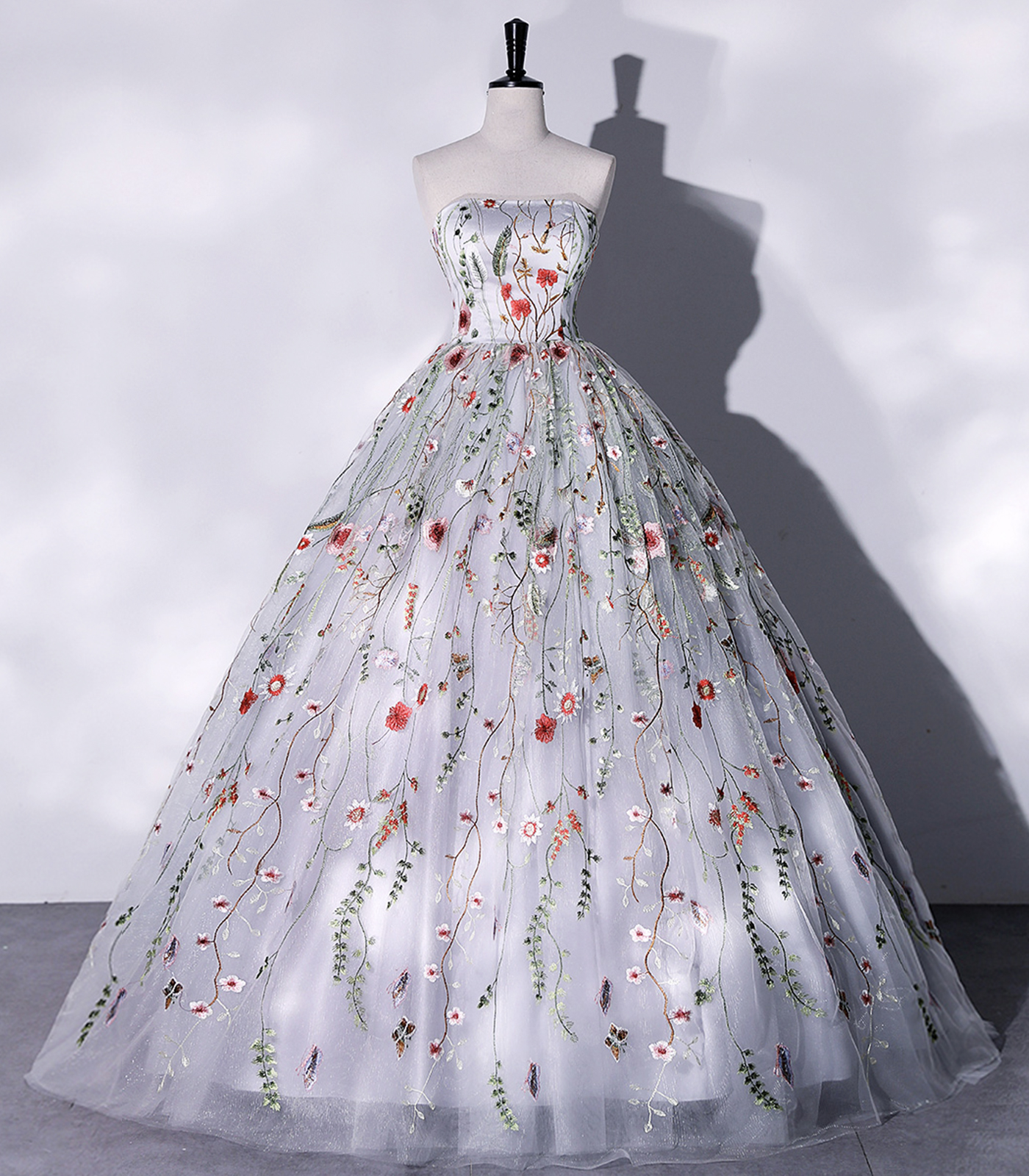 Gray Strapless Floral Tulle Long Prom Dress, A-Line Gray Evening Party Dress