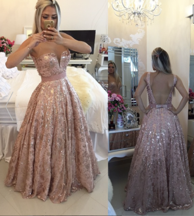 Pink Sheer Neck Backless Prom Dresses