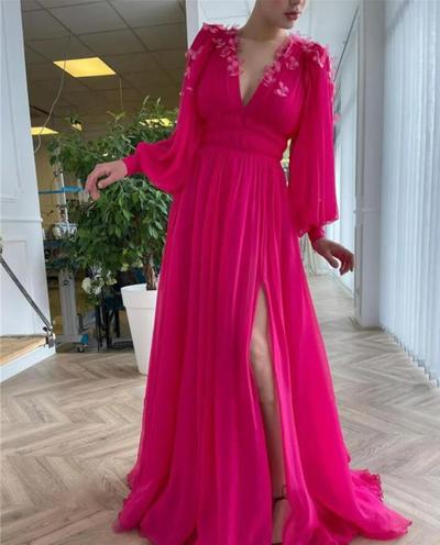 New Bright Pink Chiffon Prom Dresses Long Puff Sleeves V Neck Slit A Line Evening Gowns With 3D Butterfly Flowers