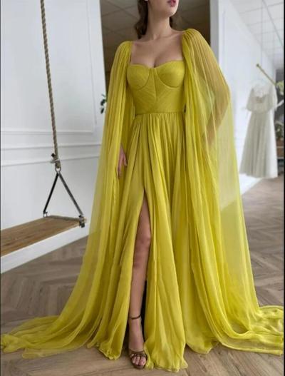 Elegant Citrine Yellow Silk Chiffon Prom Dresses With Long Cape A Line Sweetheart Pleats Side Slit Evening Gowns