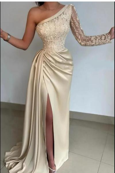 Light Champagne Prom Dresses Mermaid One Shoulder Custom Made Long Sleeves Side Slit Beaded Lace Evening Party Gowns