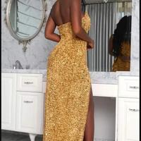 Sexy Gold Prom Dresses for Women Plus Size Strapless Sweetheart High Split Side Pleats Floor Length Formal Wear Birthday Party Pageant Evening Gowns  - Thumbnail 1