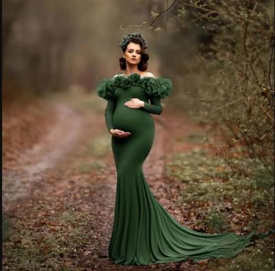 Prom Dresses Mermaid Dark Green Maternity Dress Robes for Photo Shoot or baby shower Chic Women Ruffles Long Sleeves PhotographyParty Dress