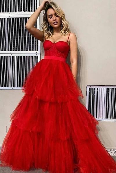 Spaghetti Straps Ruffles Red Tulle Formal Evening Dresses