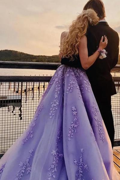 Straps Lavender Applique Tulle Formal Prom Dress with Sweep Train