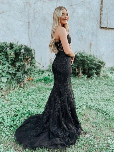 SP2215,Sweet Black Lace Applique Sweetheart Mermaid Long Prom Evening Dresses