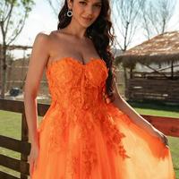 Gorgeous Orange Prom Dresses Sexy Backless A Line Strapless Lace Appliques Ruffles Tulle Long Evening Gowns Plus Size - Thumbnail 1