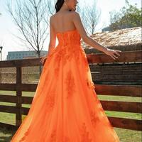 Gorgeous Orange Prom Dresses Sexy Backless A Line Strapless Lace Appliques Ruffles Tulle Long Evening Gowns Plus Size - Thumbnail 2