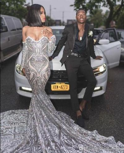 Elegant Off The Shoulder Sequins Mermaid Long Prom Dresses Long Sleeves Ruched Sweep Train Formal Party Evening Gowns