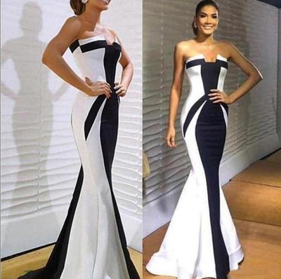 White And Black Mermaid Evening Dresses Satin Prom Dresses Strapless Formal Party Dress Reception Gowns