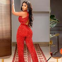 Plus Size Arabic Aso Ebi Red Sequined Jumpsuits Prom Dresses High Neck Backless Evening Formal Party Second Reception Bridesmaid Gowns Dress - Thumbnail 1