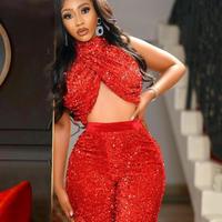 Plus Size Arabic Aso Ebi Red Sequined Jumpsuits Prom Dresses High Neck Backless Evening Formal Party Second Reception Bridesmaid Gowns Dress - Thumbnail 2