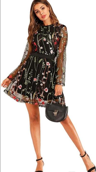 Women's Floral Embroidered Mesh Short Homecoming Dresses Sheer Long Sleeves Cocktail Party Dress Cheap Mini Little 8th Graduation Prom Dress